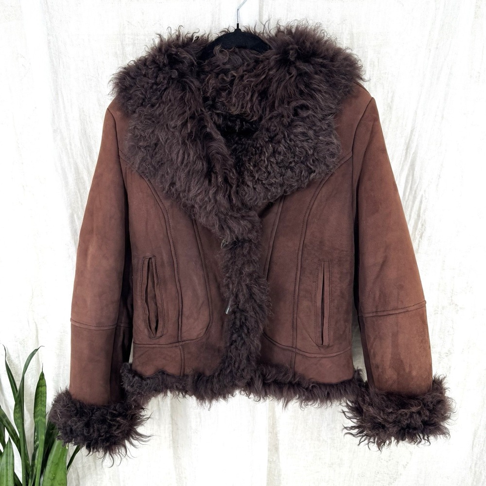 Vintage 90s Chocolate Brown Penny Lane Jacket Suede Fur Lined Coat M Boho Indie